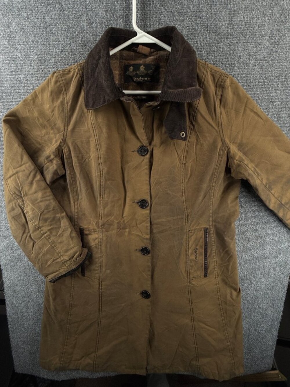 Barbour Bamburgh Wax Jacket Women Button Up Brown Size 8 US Wool Lined PATINA